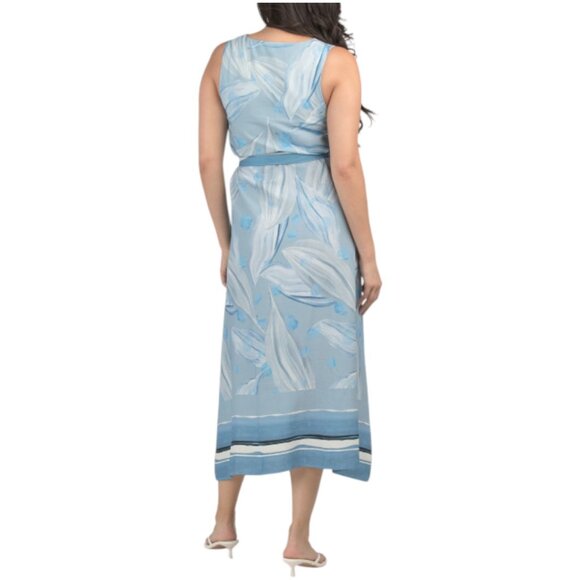 LA RAGAZZE Linen Blend Round Neck Maxi Dress With Border Print - Picture 2 of 2